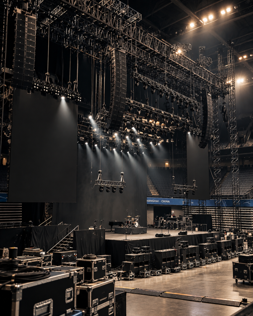 Stage Lighting Grid System in Venues: Design, Components, Safety and Applications Stage lighting grid system and overhead rigging system in a live-event venue